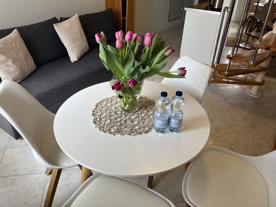 Rundt bord og sofa i stuen – Lejlighed Statek 114, Międzyzdroje