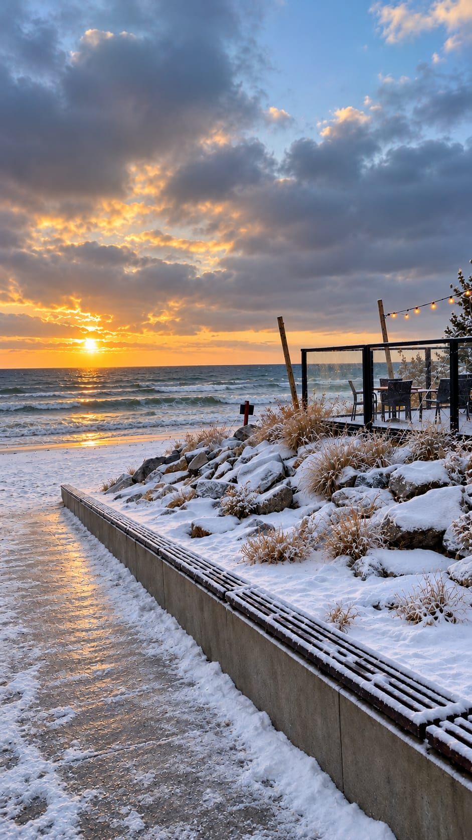 Snedækket nedgang til stranden i Międzyzdroje ved solnedgang